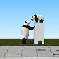 Playful Panda Sculptures in Park with Green Grass Trees White Column and Silver Spheres