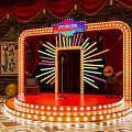 Vintage Stage with Red Curtains Brick Wall Neon Sign Microphone and Colorful Radial Lights