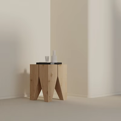 Modern Wooden Side Table With Geometric Legs Featuring White Vase And Black Tray 3d model