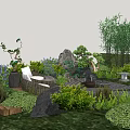 Garden Ornamental Design Featuring Circular Seating Area Stone Path Bamboo Grove And Green Plants
