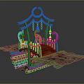 Traditional Bridge Structure With Curved Railing Red White Lanterns Stone Steps And Green Ground