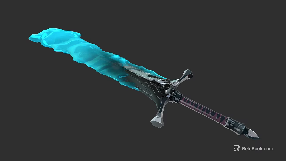 Glowing Blue Crystal Sword With Decorative Black Hilt And Sharp Blade Design 3d model 