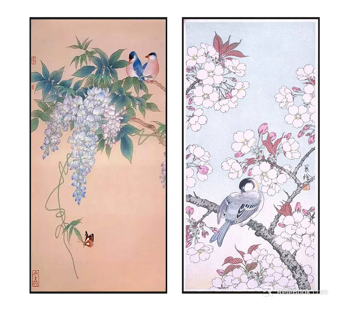 Elegant Traditional Chinese Paintings Featuring Wisteria Cherry Blossoms And Birds 3d model 