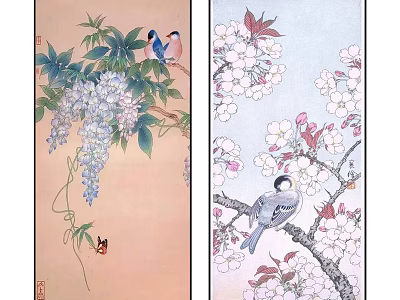 Elegant Traditional Chinese Paintings Featuring Wisteria Cherry Blossoms And Birds 3d model
