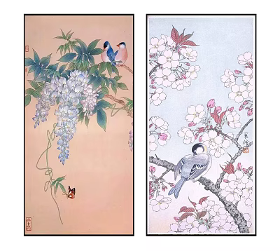 Elegant Traditional Chinese Paintings Featuring Wisteria Cherry Blossoms And Birds 3d model