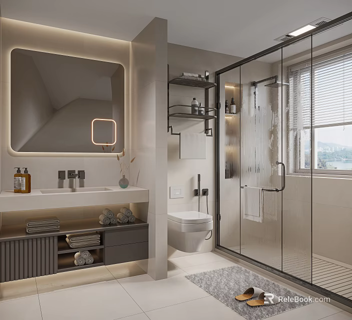 Elegant Modern Bathroom Interior Design With Backlit Mirror Glass Shower And Vanity Shelves 3d model 