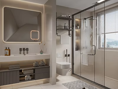 Elegant Modern Bathroom Interior Design With Backlit Mirror Glass Shower And Vanity Shelves 3d model