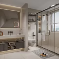 Elegant Modern Bathroom Interior Design With Backlit Mirror Glass Shower And Vanity Shelves