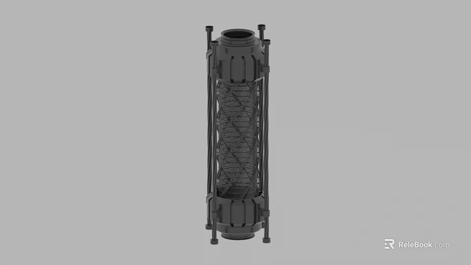 Black Cylindrical Industrial Component With Mesh Structure And Metal Frame 3d model 