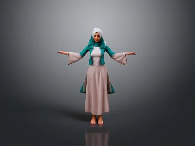 Child In Green Top And Beige Long Skirt With White Headscarf Arms Outstretched 3d model
