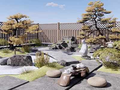 Karesansui Dry Landscape Garden With Raked Sand Japanese Pine Trees Rocks And Zen Tea Table 3d model