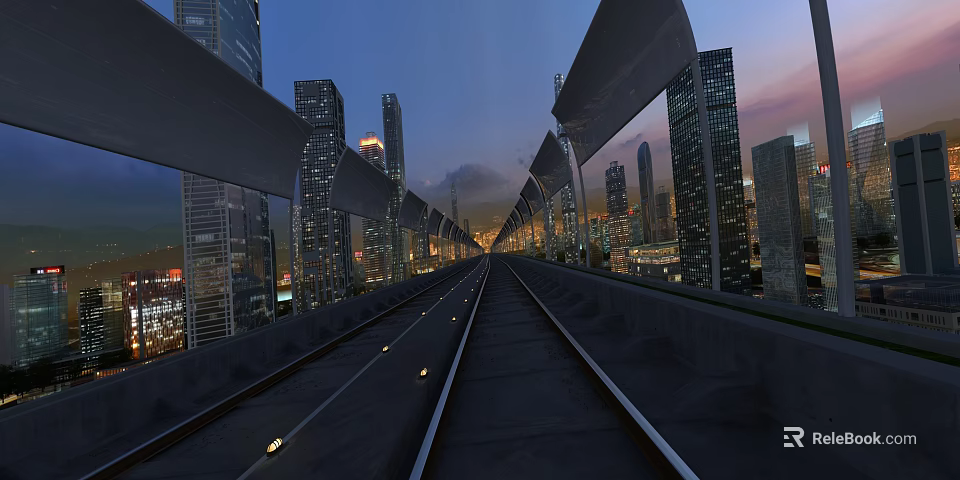 Urban Road Infrastructure With Illuminated Pathway And Modern City Skyline At Dusk 3d model 