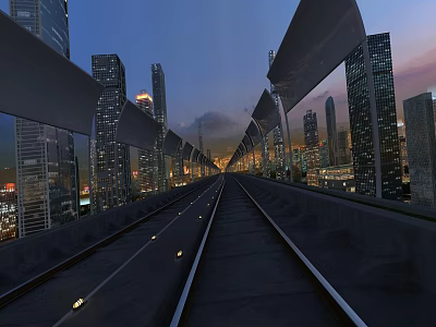 Urban Road Infrastructure With Illuminated Pathway And Modern City Skyline At Dusk 3d model