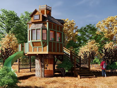 Wooden Treehouse With Multiple Levels Balcony Staircase And Green Slide In Natural Outdoor Setting 3d model