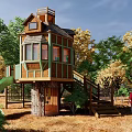 Wooden Treehouse With Multiple Levels Balcony Staircase And Green Slide In Natural Outdoor Setting