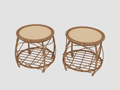 Two Round Rattan Coffee Tables With Woven Top And Openwork Frame Design 3d model