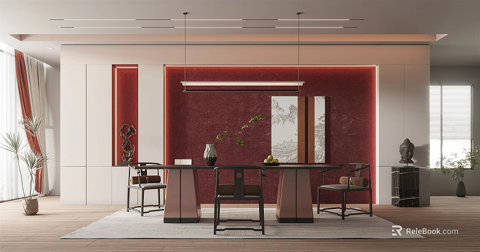 Modern Chinese Restaurant Interior With Red Wall Dining Table Chairs Decorative Painting And Pendant Light 3d model 