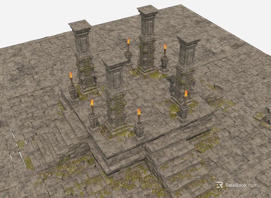 Ancient Stone Garden Landscape with Pillars Torches Paved Ground and Steps 3d model 