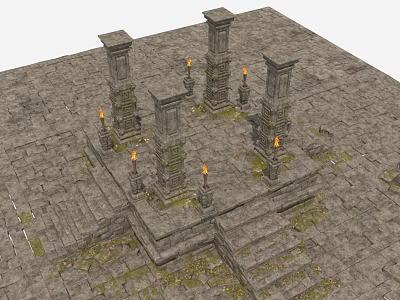 Ancient Stone Garden Landscape with Pillars Torches Paved Ground and Steps 3d model