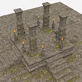 Ancient Stone Garden Landscape with Pillars Torches Paved Ground and Steps
