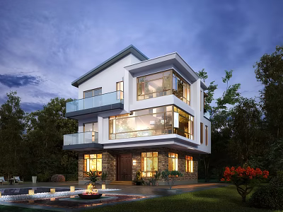 Modern Detached Villa with Balconies Surrounded by Trees Illuminated Courtyard Pool and Fire Pit 3d model