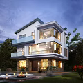 Modern Detached Villa with Balconies Surrounded by Trees Illuminated Courtyard Pool and Fire Pit