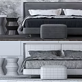 Modern Double Bed With Gray Headboard Black White Checkered Quilt White Pillows Stool And Lamp