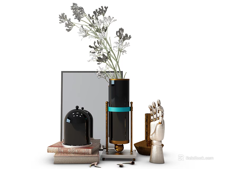 Modern Elegant Decorative Ornament Set With Black Vase Gray Flowers And Golden Bird Figurine 3d model 