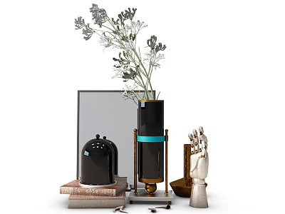 Modern Elegant Decorative Ornament Set With Black Vase Gray Flowers And Golden Bird Figurine 3d model