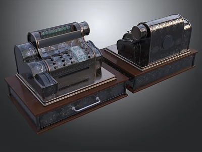 Two Vintage Cash Registers On Wooden Bases With Retro Metal Design 3d model