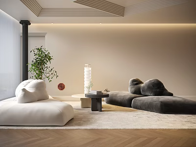 White Three-Seater Sofa In Modern Living Room With Gray Chair Green Plant And Wooden Floor 3d model