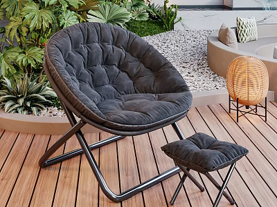 Black Padded Lounge Chair With Small Ottoman On Wooden Deck Surrounded By Green Plants 3d model
