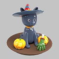 Halloween Black Cat Decoration With Witch Hat Skull Collar Pumpkins And Green Claw