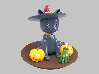 Halloween Black Cat Decoration With Witch Hat Skull Collar Pumpkins And Green Claw 3d model