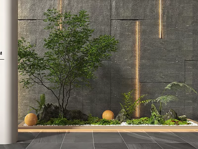 Indoor Landscape With Gray Stone Wall Vertical Light Strips Green Tree And Orange Spherical Decorations 3d model