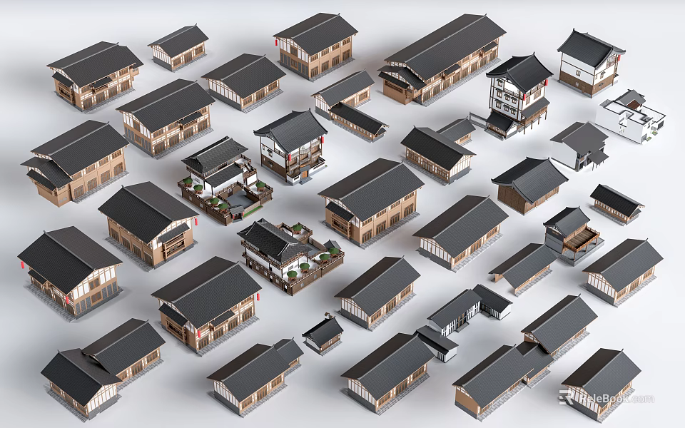 Traditional Architecture Models With Various Styles And Black Roof Details 3d model 