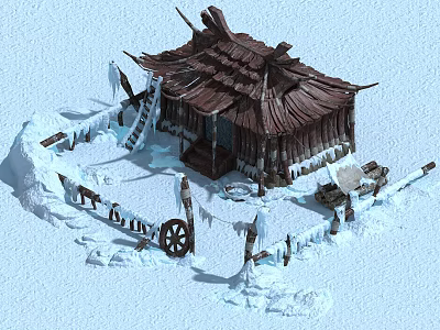 Cartoon Scene of Snowy Wooden Cabin With Snowy Ground And Wooden Wheels 3d model