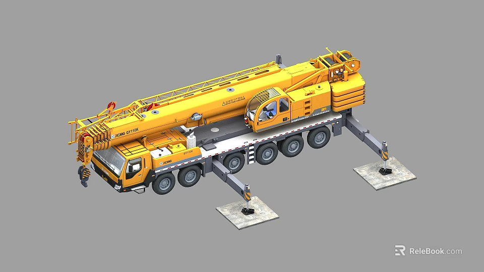 Yellow Heavy Duty Mobile Crane Featuring Long Boom Cab Multiple Wheels And Stabilizer Legs 3d model