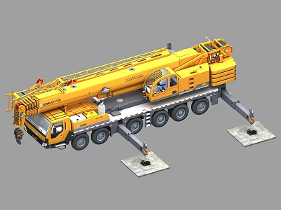 Yellow Heavy Duty Mobile Crane Featuring Long Boom Cab Multiple Wheels And Stabilizer Legs 3d model