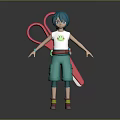 Game Movie Character With Teal Hair White T Shirt Red Belt And Large Red Scissors