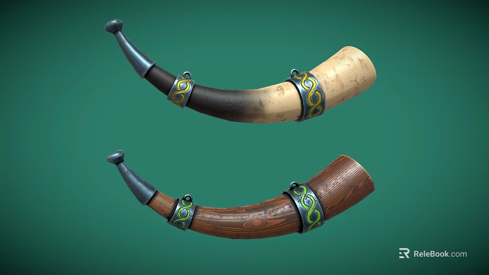 Musical Instruments Horns With Decorative Metal Rings Brown Beige Tones On Green Background 3d model 