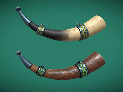 Musical Instruments Horns With Decorative Metal Rings Brown Beige Tones On Green Background 3d model