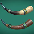 Musical Instruments Horns With Decorative Metal Rings Brown Beige Tones On Green Background