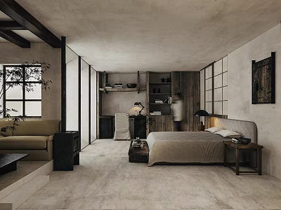 Modern Minimalist Bedroom Interior With Concrete Walls Wooden Furniture And Natural Light 3d model