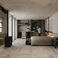 Modern Minimalist Bedroom Interior With Concrete Walls Wooden Furniture And Natural Light