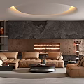 Modern Living Room Interior With Brown Sofa Black Accent Wall Fireplace And Round Ceiling Light