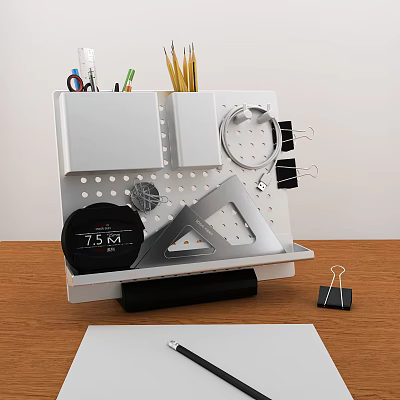 Iron Art Desk Organizer with Stationery Storage Pencil Holder Clip Ruler and Tape Dispenser 3d model