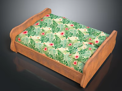 Wooden Pet Bed With Green Tropical Leaf And Red Flower Pattern Cushion 3d model