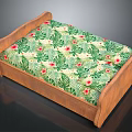 Wooden Pet Bed With Green Tropical Leaf And Red Flower Pattern Cushion