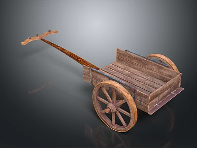 Rustic Wooden Cart With Large Wheels Long Handle And Wooden Planks 3d model